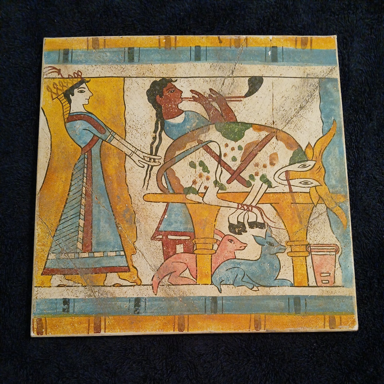 Vintage Greek Handmade Minoan Blood Sacrifice Fresco Crete 1400 BC Wall Plaque