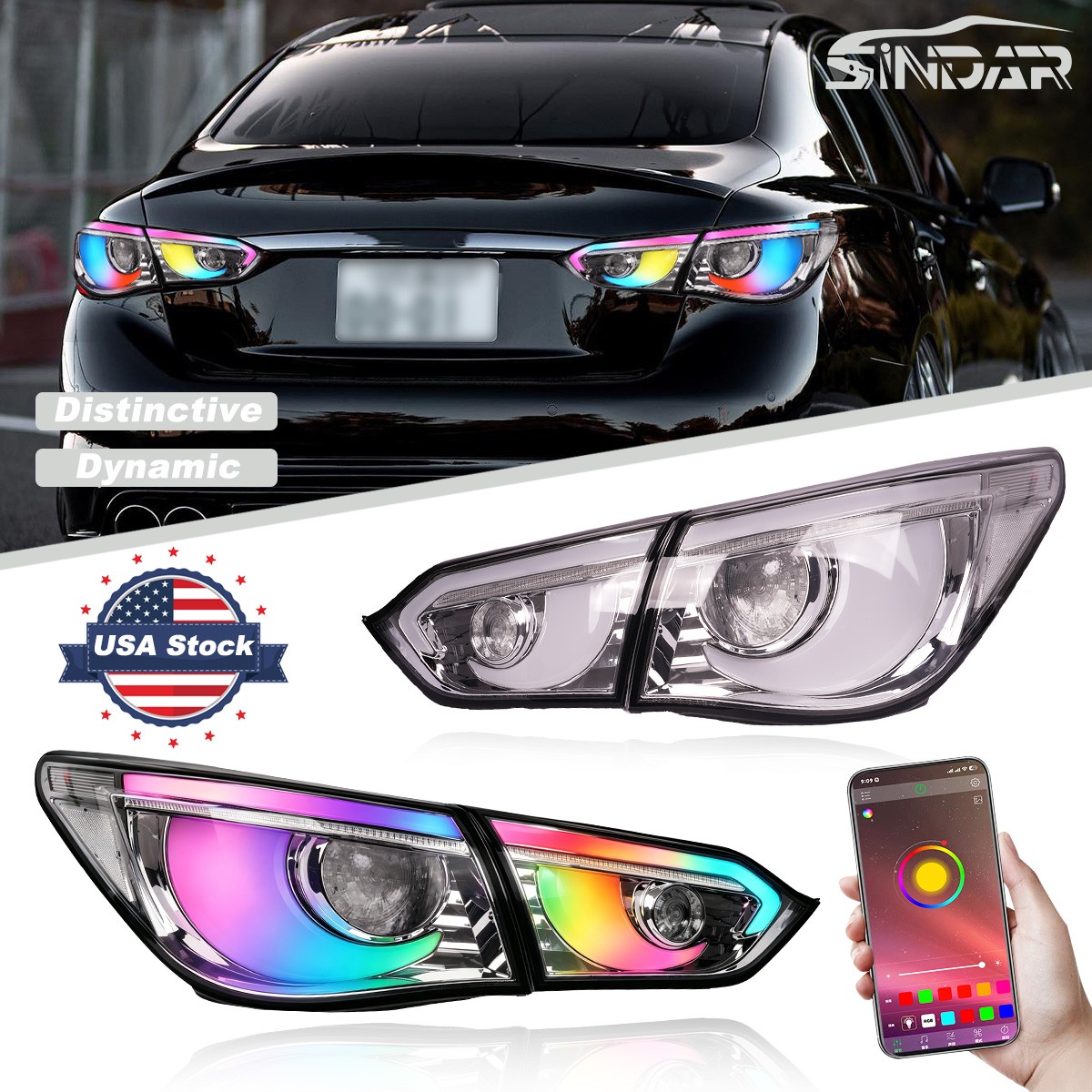 4PCS RGB LED Tail Lights for 2014-17 Infiniti Q50 V37 Clear Lens Chrome Housing