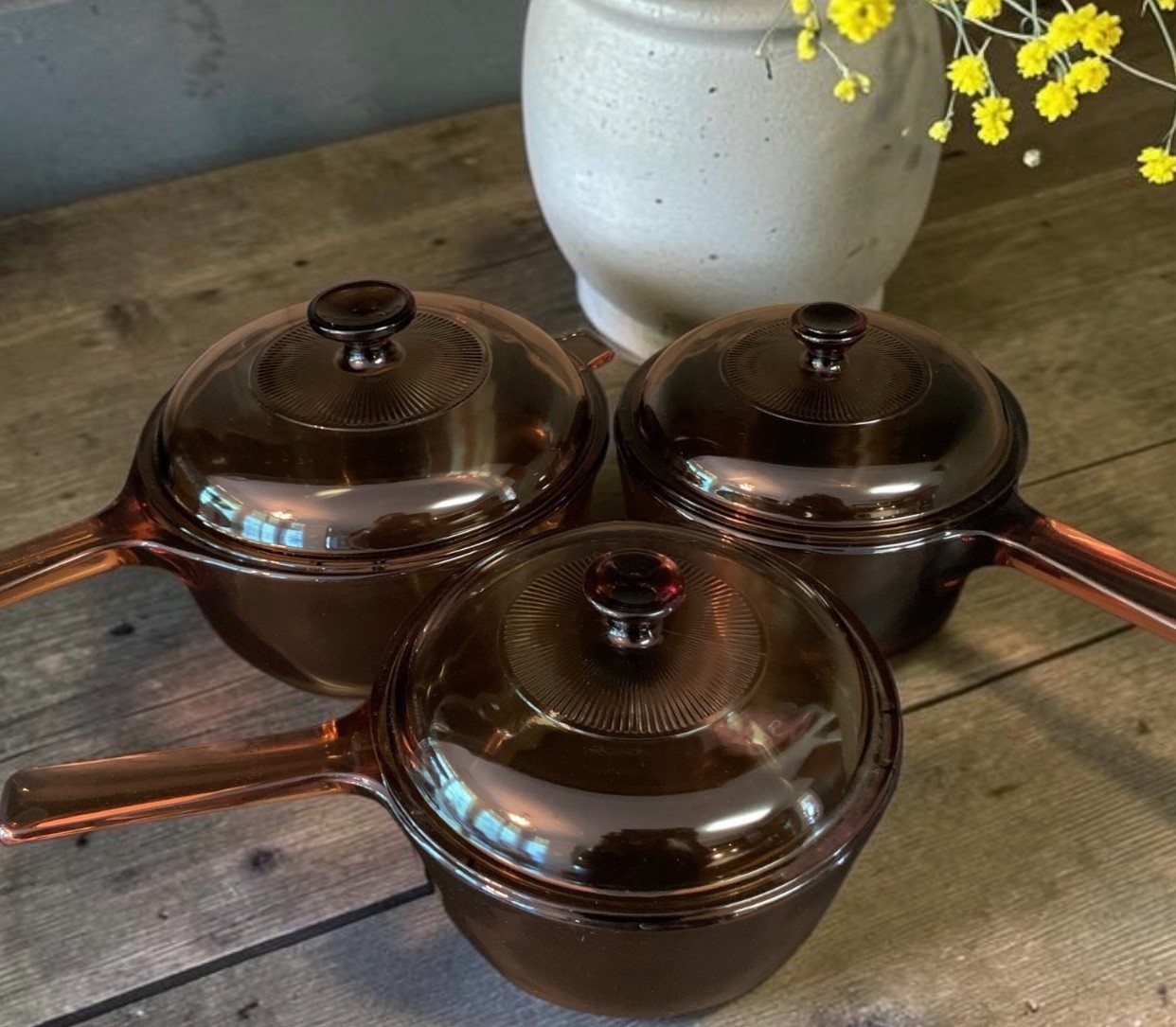 Visions Corningware Pyrex Amber Glass Cookware Pots Lids 6 Piece Set USA Vintage Visions Corningware Pyrex Amber Glass Cookware Pots Lids 6 Piece Set USA Vintage