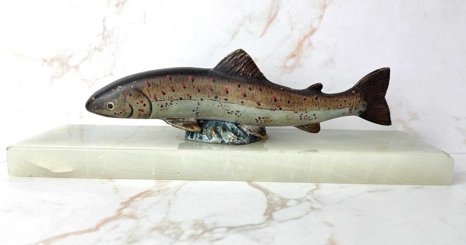 Antique Austrian Vienna Cold Painted Bronze Salmon Fish Sculpture On Onyx Plinth