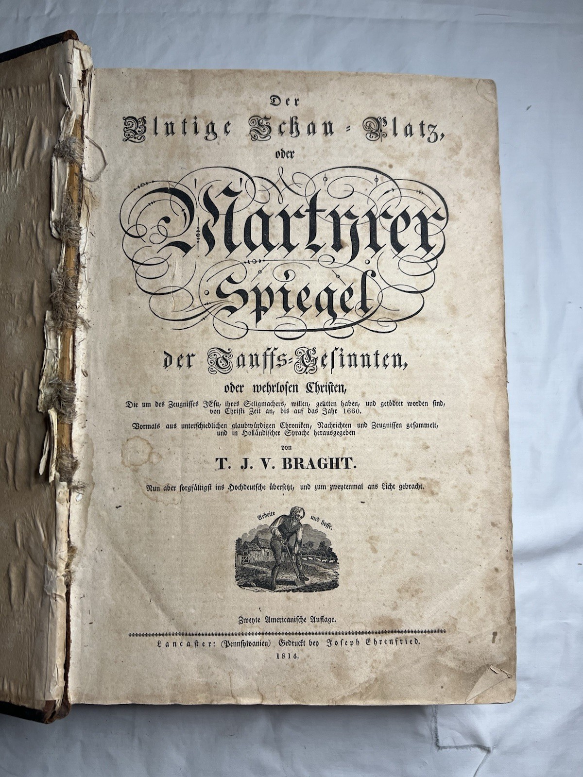 1814 Martyrs Mirror Martyrer Spiegel Lancaster PA Mennonite German Antique Book