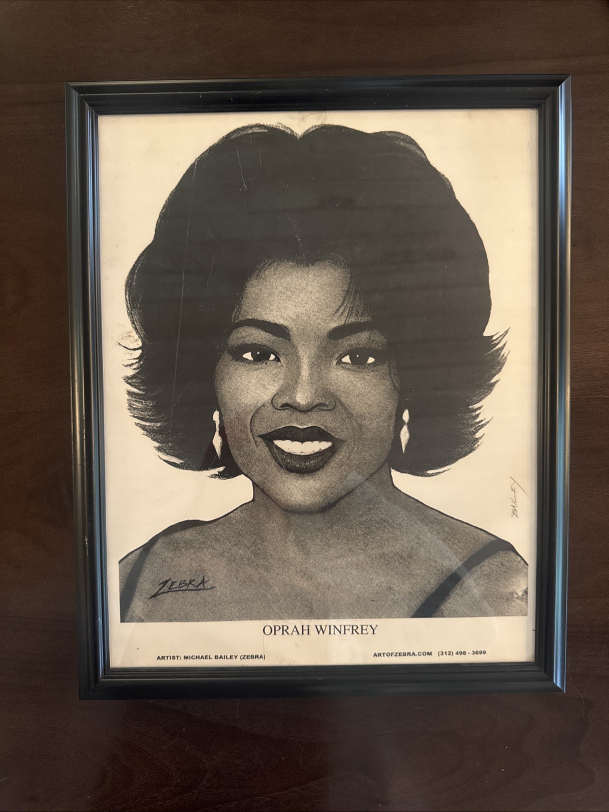 Framed drawing of Oprah Winfrey by artist Michael Bailey (ZEBRA). 12 X 15