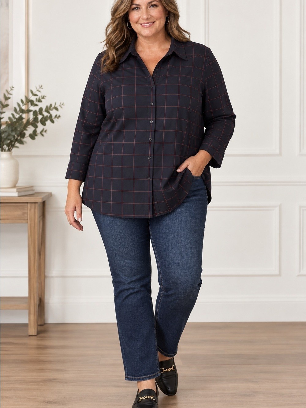 Worthington Woman’s Blouse 2X Plus Black/Red Windowpane Button Down Career NWT