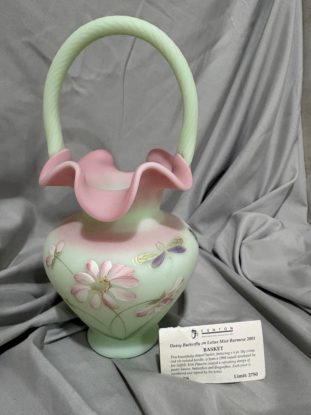 Fenton 6531 ES Lotus Mist Burmese Daisy Butterfly Basket NIB EUC LE, COA Fenton 6531 ES Lotus Mist Burmese Daisy Butterfly Basket NIB EUC LE, COA