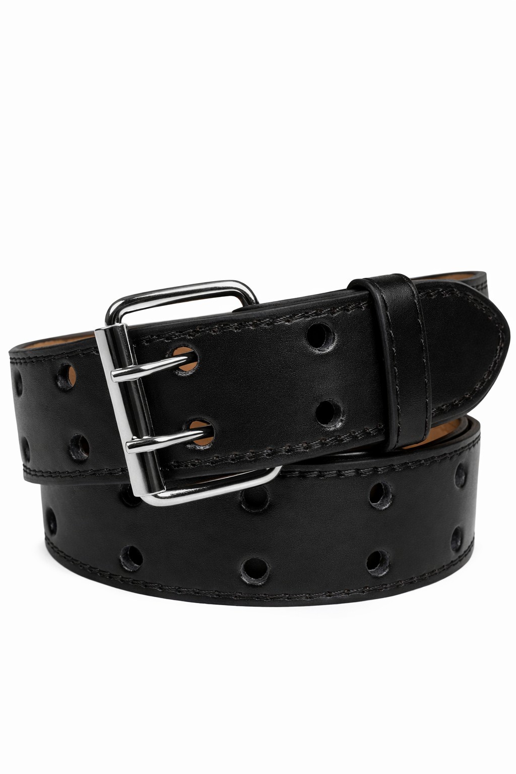 Men's Women's Genuine Leather Two Prong Double Row Holes Casual Plain Black Belt