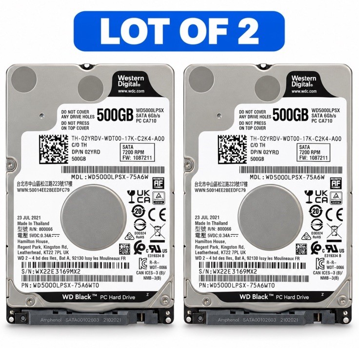 WD5000LPSX Western Digital 2.5 inch HDD 500GB WD BlacK Lot Of 2 Tested WD5000LPSX Western Digital 2.5 inch HDD 500GB WD BlacK Lot Of 2 Tested