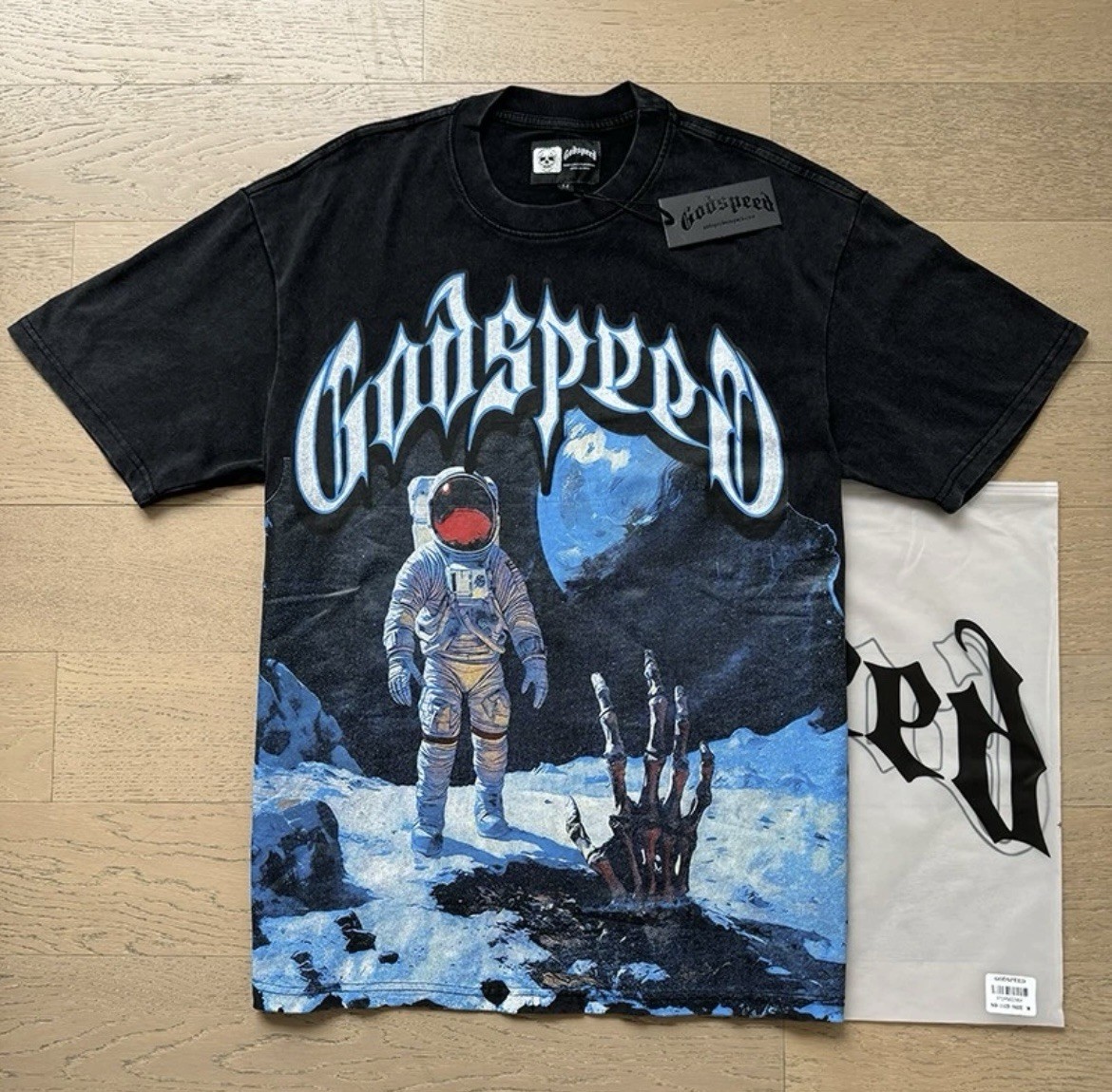 New Godspeed Skeleton Palm Astronaut Print T-Shirt Short Sleeve T-Shirt Black