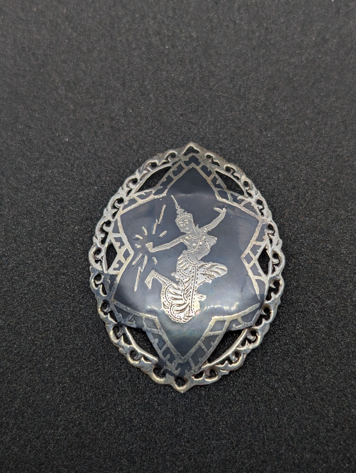 Vintage 1960s Siam Sterling Silver Niello Pin Brooch Mekkala Goddess Filigree 6g