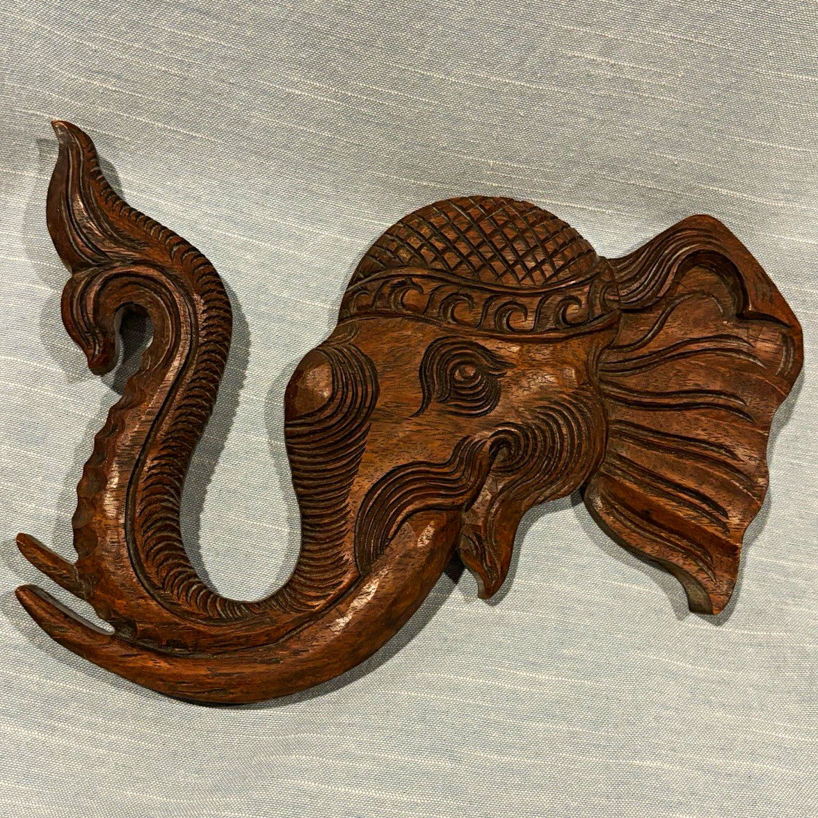 Mr Bounkhong Handmade Laos Hand-Carved Wood Elephant Head Wall Hanging Plaque Mr Bounkhong Handmade Laos Hand-Carved Wood Elephant Head Wall Hanging Plaque