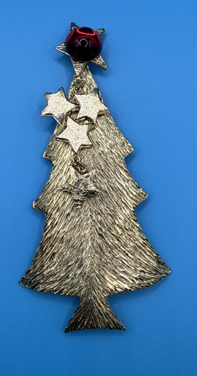 Vtg Ultra Craft Gold Tone Red Rhinestone 4 Dangling Stars Christmas Tree Brooch 