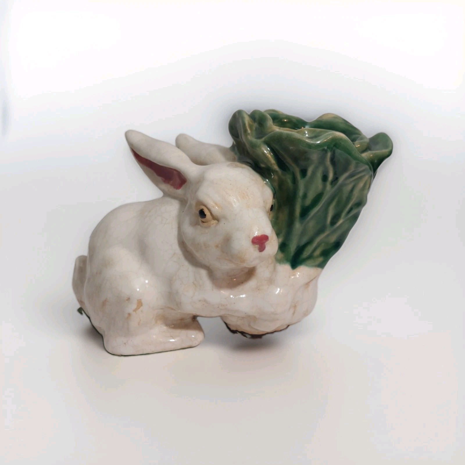 VINTAGE MAJOLICA BUNNY HARE CABBAGE LEAF VASE Large 10x8x8\ VINTAGE MAJOLICA BUNNY HARE CABBAGE LEAF VASE Large 10x8x8\