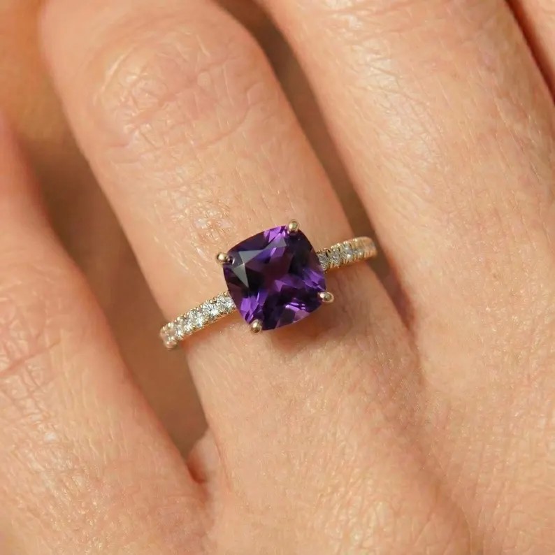 0.75 CT Cushion Cut Lab Created Purple Diamond Gift Ring  14K White Gold Plated