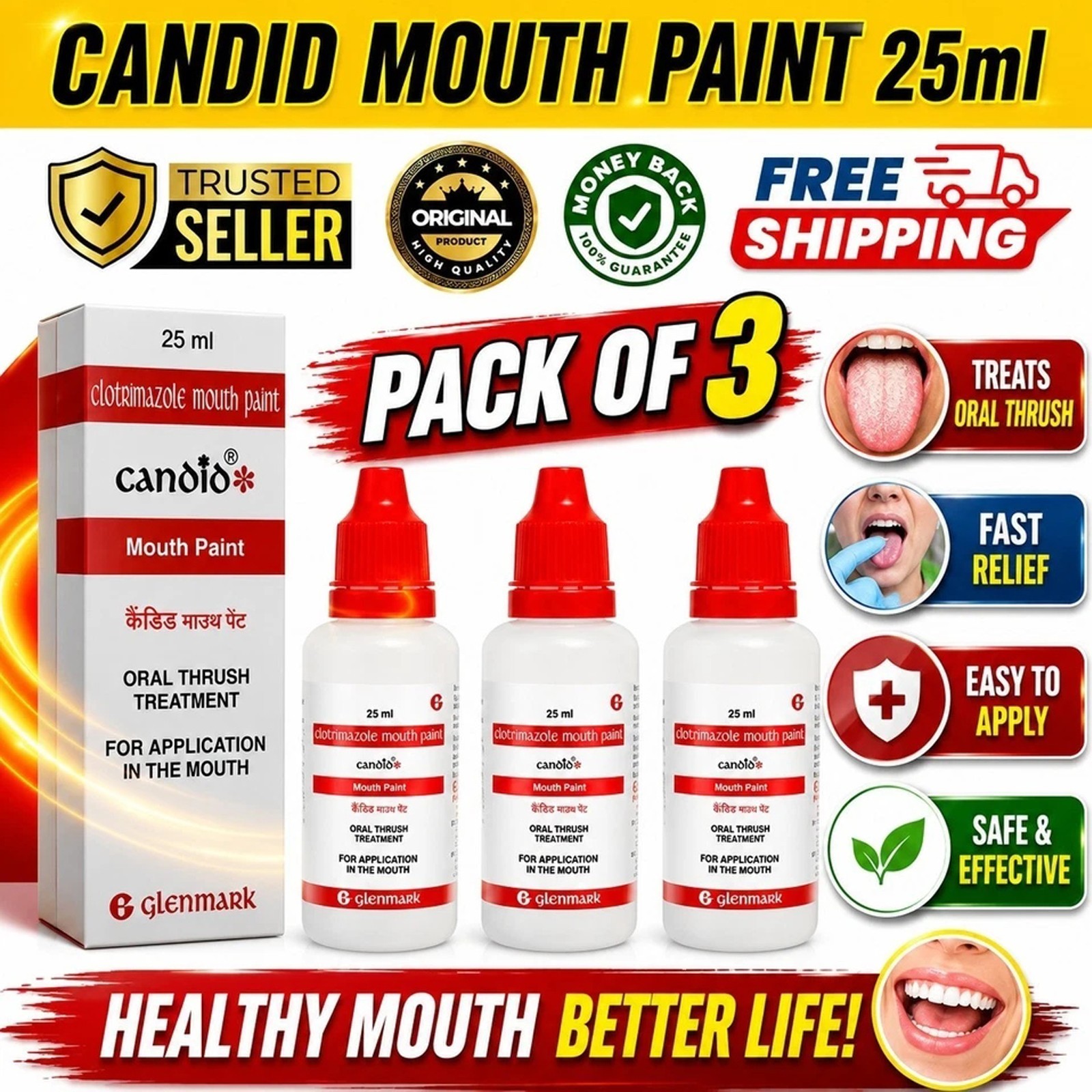 Pack of 3 Candid Mouth Paint For Oral Thrush Treatment 25 ml