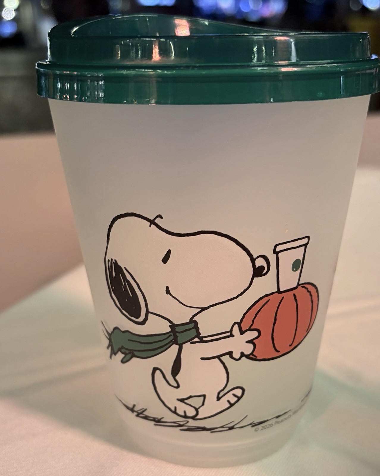 2026 Starbucks Peanuts Snoopy Reusable Plastic Cup with Green Lid 16oz European