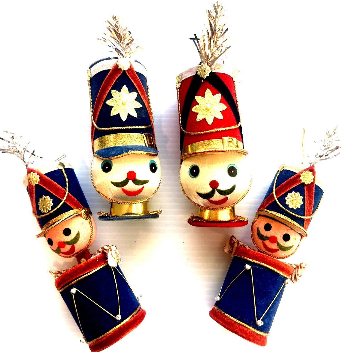 VTG 1950s Japan Christmas Ornament LOT of 4 Felt Beaded Toy Soldier Drummers 5\