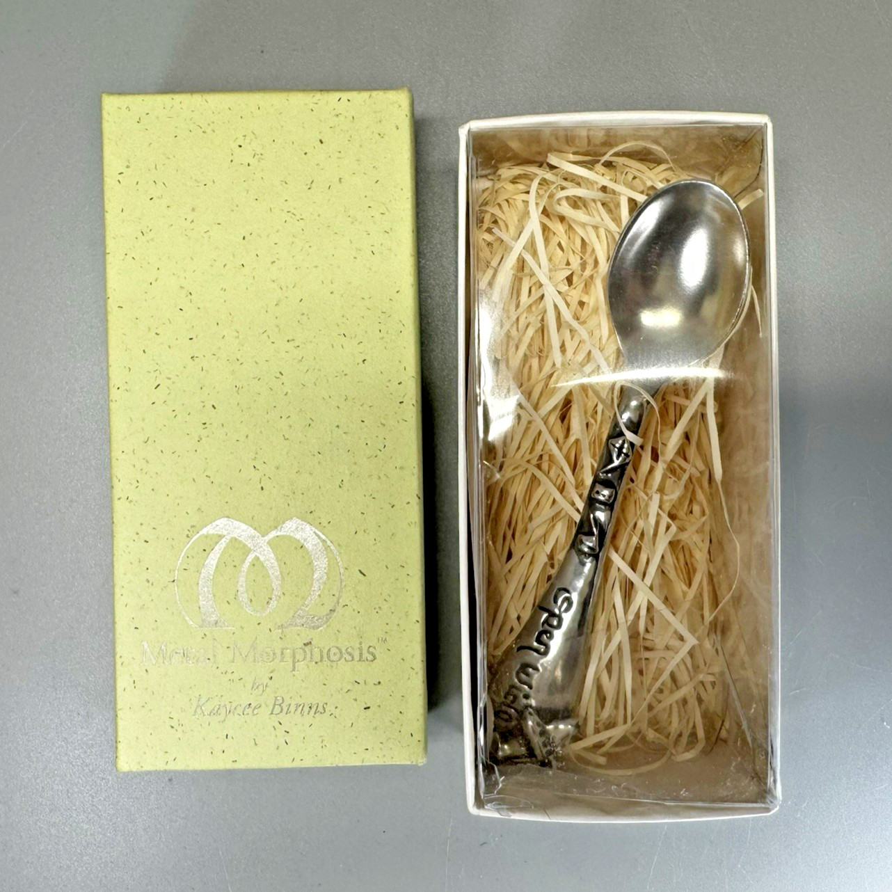 Metal Morphosis by Kaycee Binns Pewter Baby Spoon OPEN WIDE Airplane Box Metal Morphosis by Kaycee Binns Pewter Baby Spoon OPEN WIDE Airplane Box