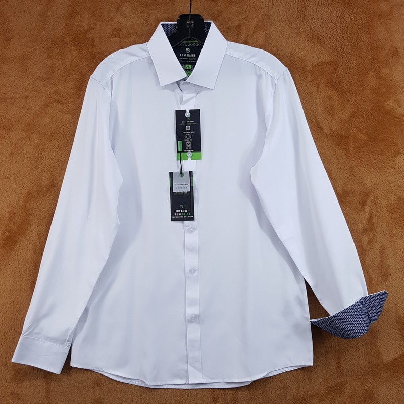 TOM BAINE Dress Shirt Mens 15 15.5 Solid White Performance Stretch Contrast Cuff TOM BAINE Dress Shirt Mens 15 15.5 Solid White Performance Stretch Contrast Cuff
