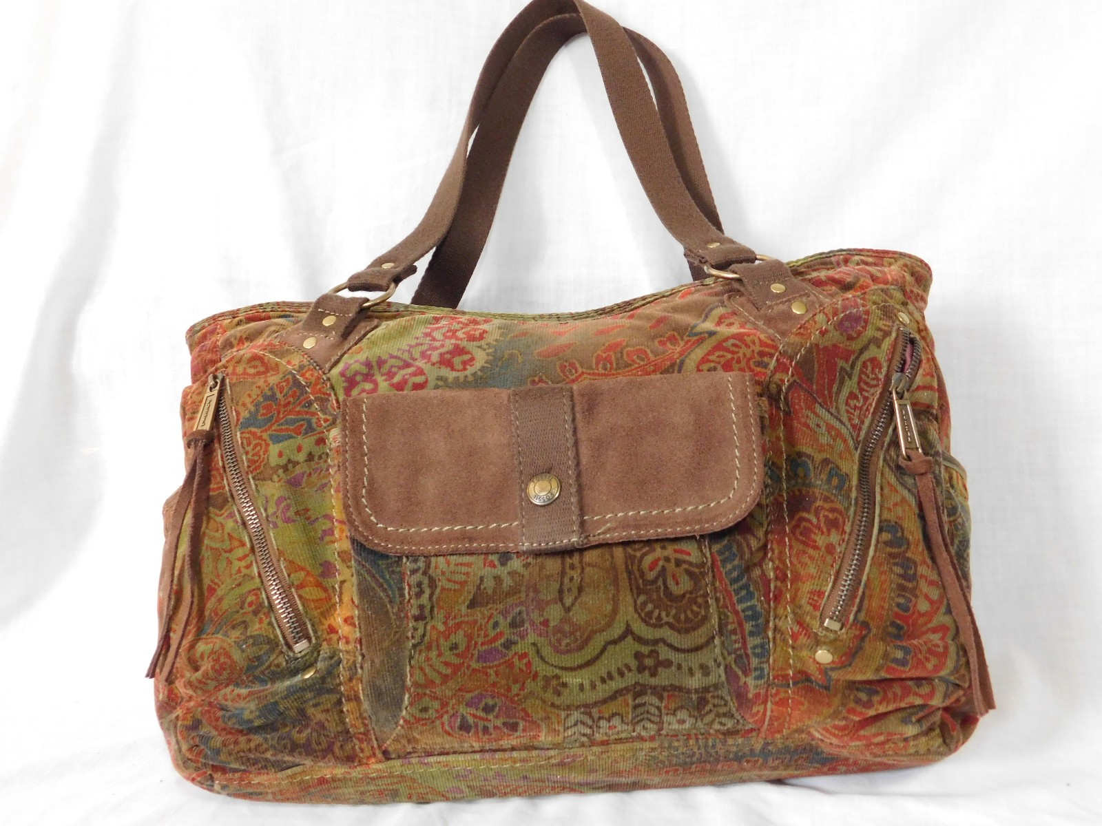Vintge Fossil Bag Corduroy multicolor/brown purse travel bag fabulous condition