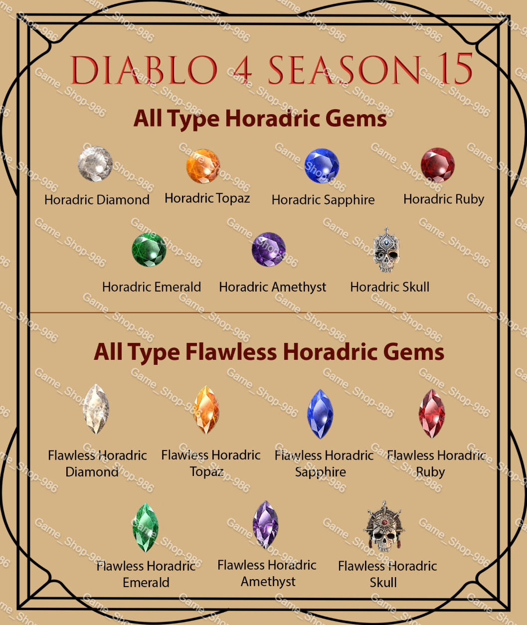 Diablo 4 S15 Season 15 All Type Horadric Gem / Flawless Horadric Gem Gems D4