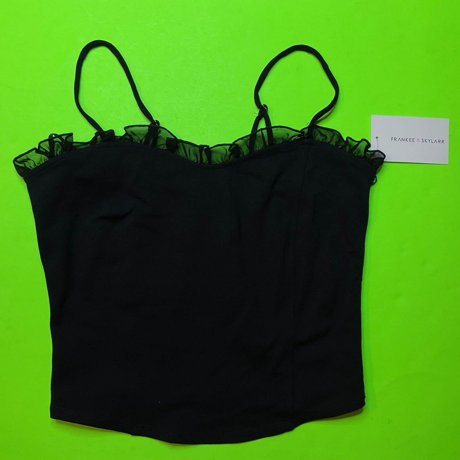 FRANKEE & SKYLARR Women’s Top Size LARGE Black w/Ruffle NEW