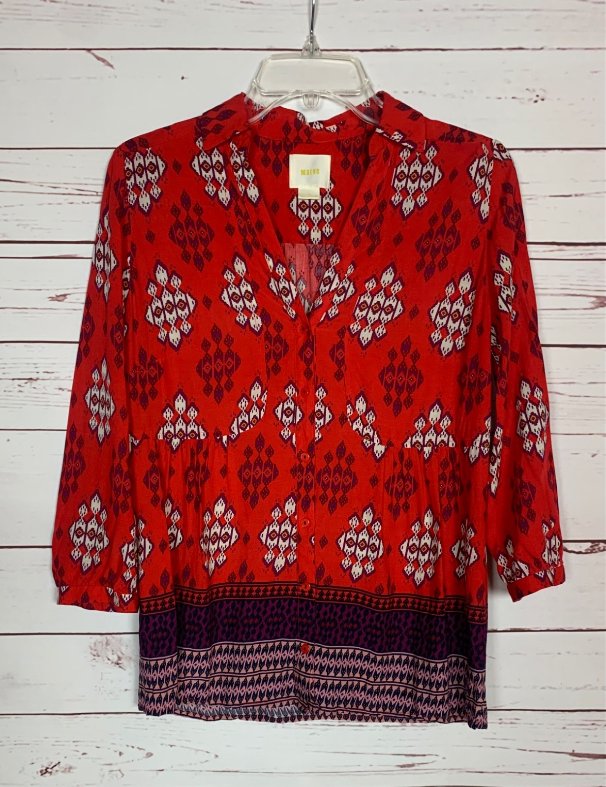 Maeve Anthropologie Women\'s Size 8 Red Purple Boho 3/4 Sleeves Button Top Blouse