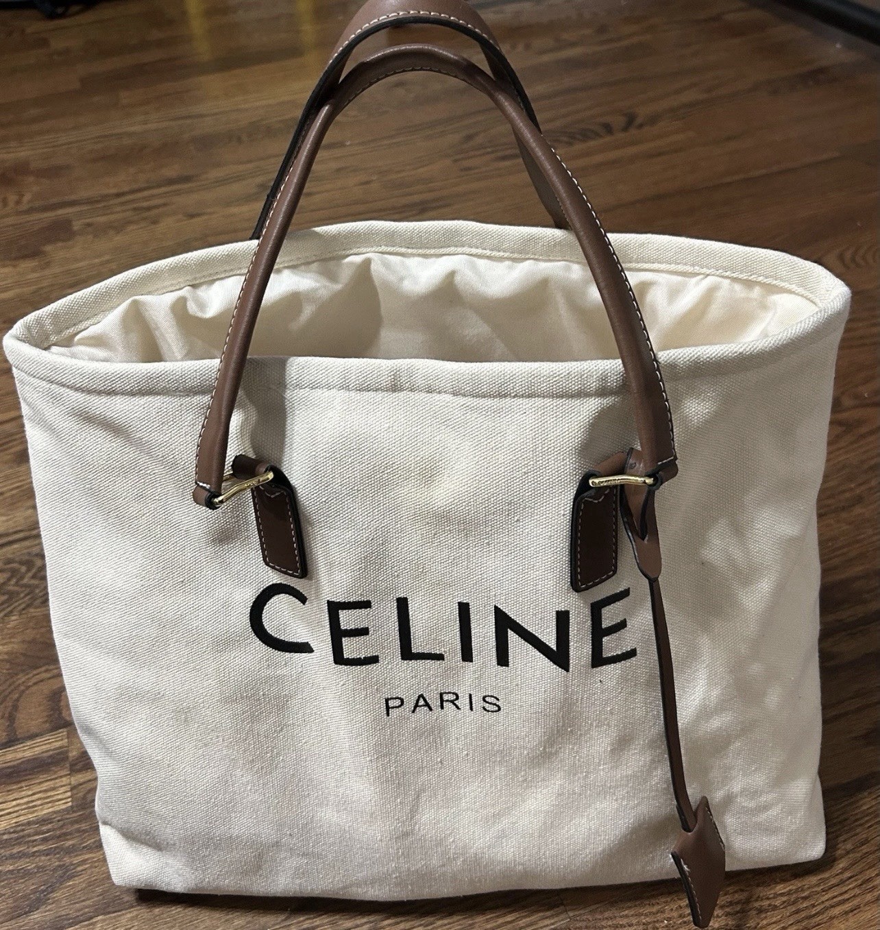 Celine Canvas Horizontal Cabas White Brown Large Capacity Tote Women\'s