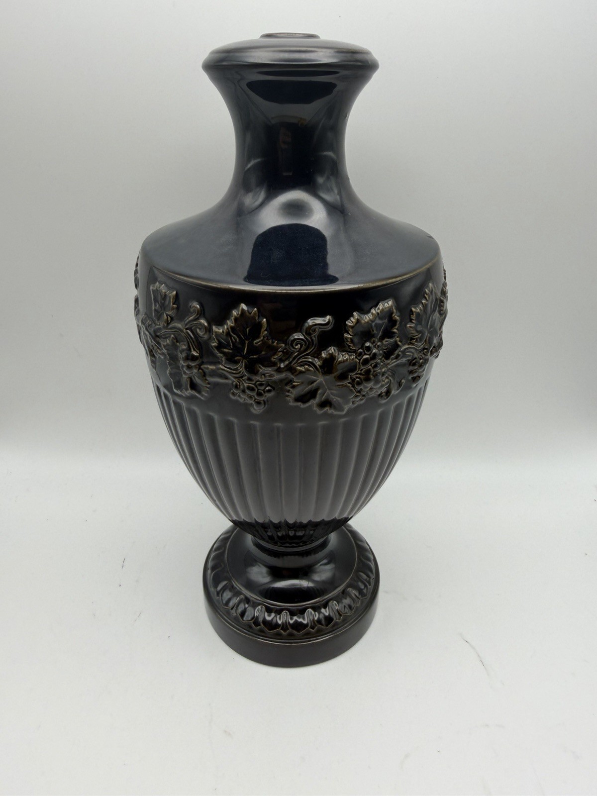 Vintage Wedgwood Black Glazed Ceramic Urn Lamp Base Grapevine Relief England