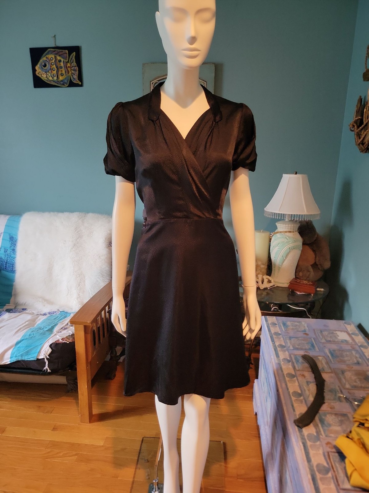 Vintage 1940s Style Black Satin Jacquard Wrap Cocktail Dress