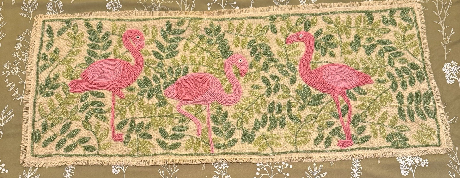 VTG Pier 1 Imports Pink Flamingo Glass Bead Embroidered Table Runner 36” x 16”