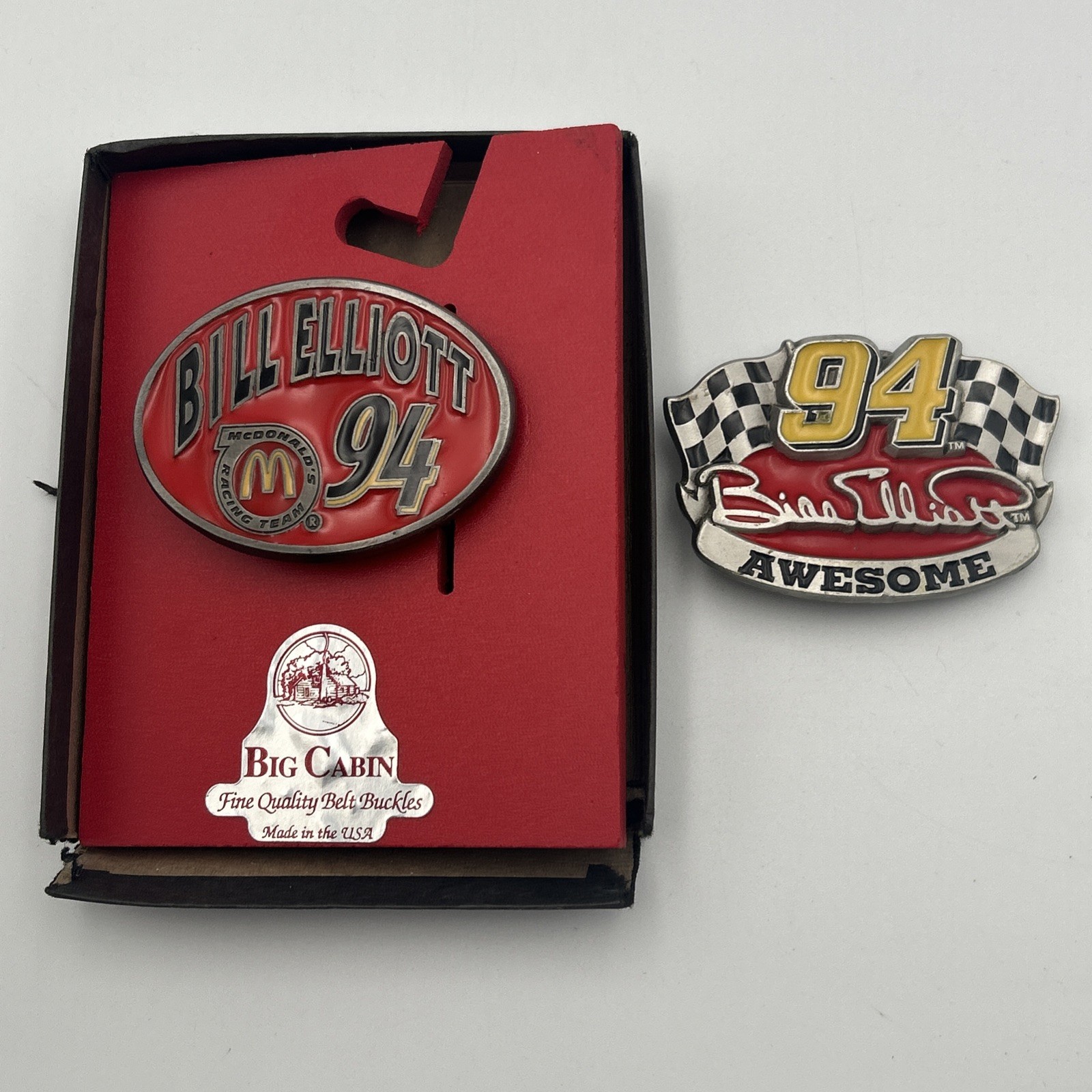 Vtg Bill Elliott 94 NASCAR Belt Buckle Lot McDonald's Big Cabin NOS Pewter
