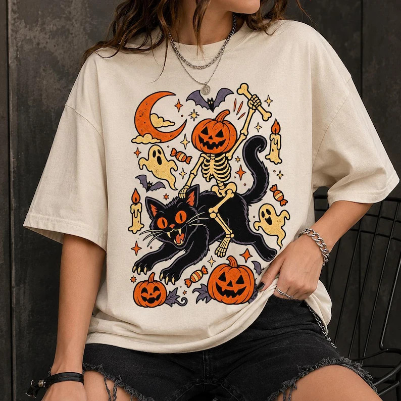Skeleton Riding Cat Shirt, Vintage Halloween Tee, Funny Spooky Tshirt