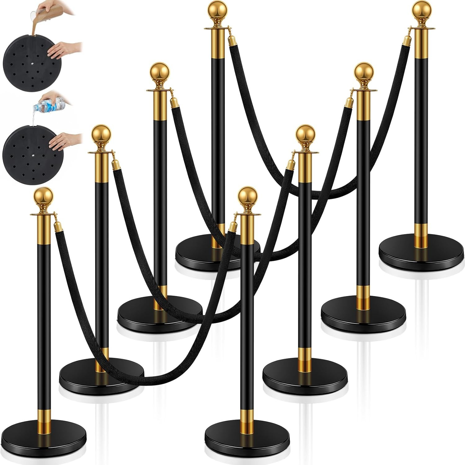 8 Pcs Black & Gold Stanchion Set with Velvet Ropes for Events & Parties