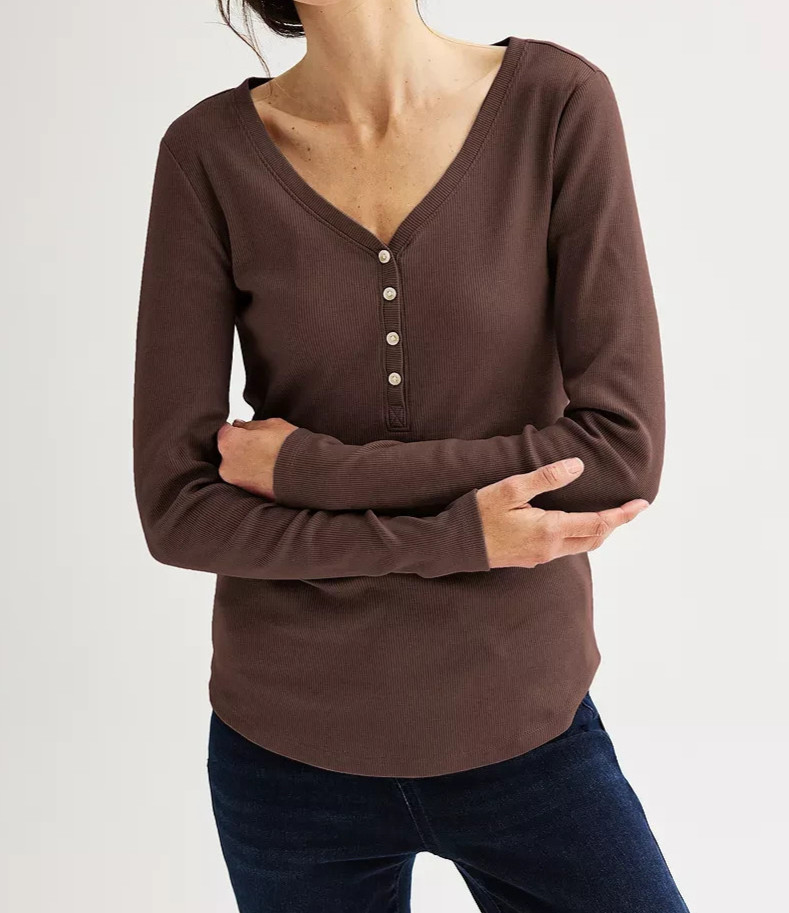 SONOMA Goods For Life Women's Naveena Plum Ribbed LS Henley - Size M/L/XL/XXL SONOMA Goods For Life Women's Naveena Plum Ribbed LS Henley - Size M/L/XL/XXL