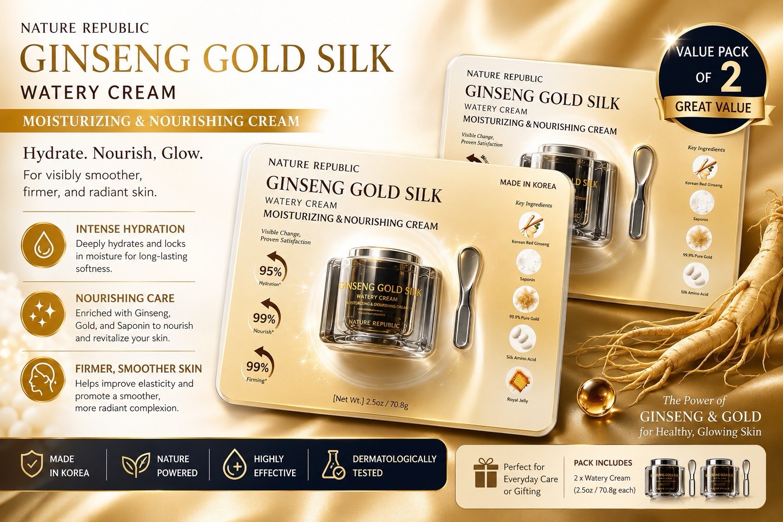 Nature Republic Ginseng Gold Silk Watery Cream  2-Pack Value Set  2X2.50z/70.8g