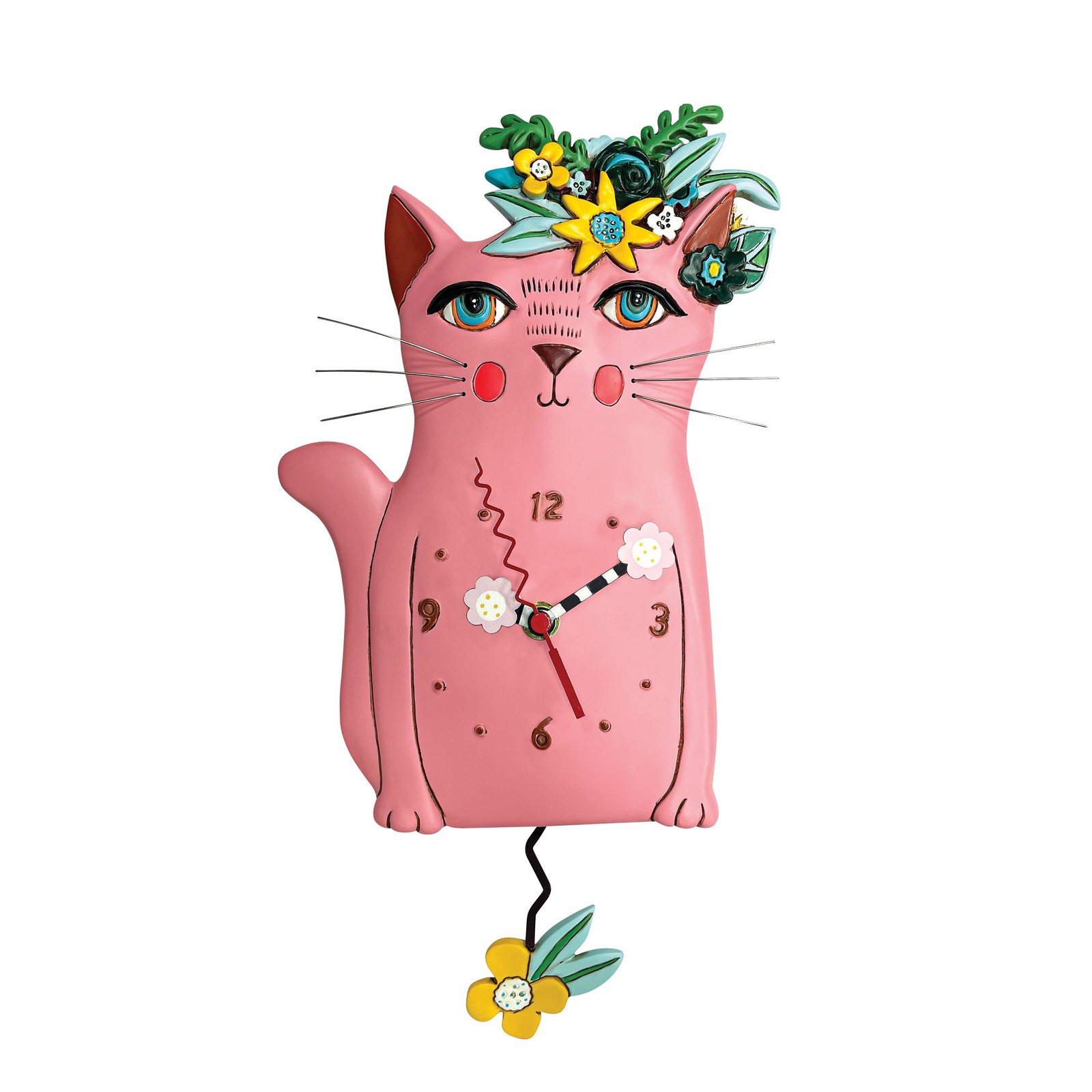 Enesco Allen Designs Kitty with Flowers Battery-Operated Pendulum Wall Clock