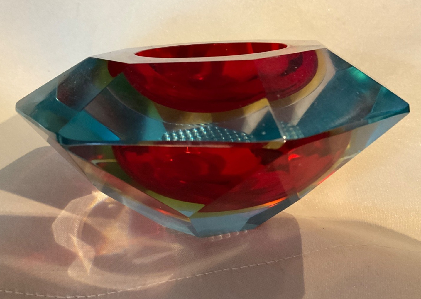 Vtg Murano Sommerso Glass Ashtray Mandruzzato Faceted Cut Geode Bowl Red Blue