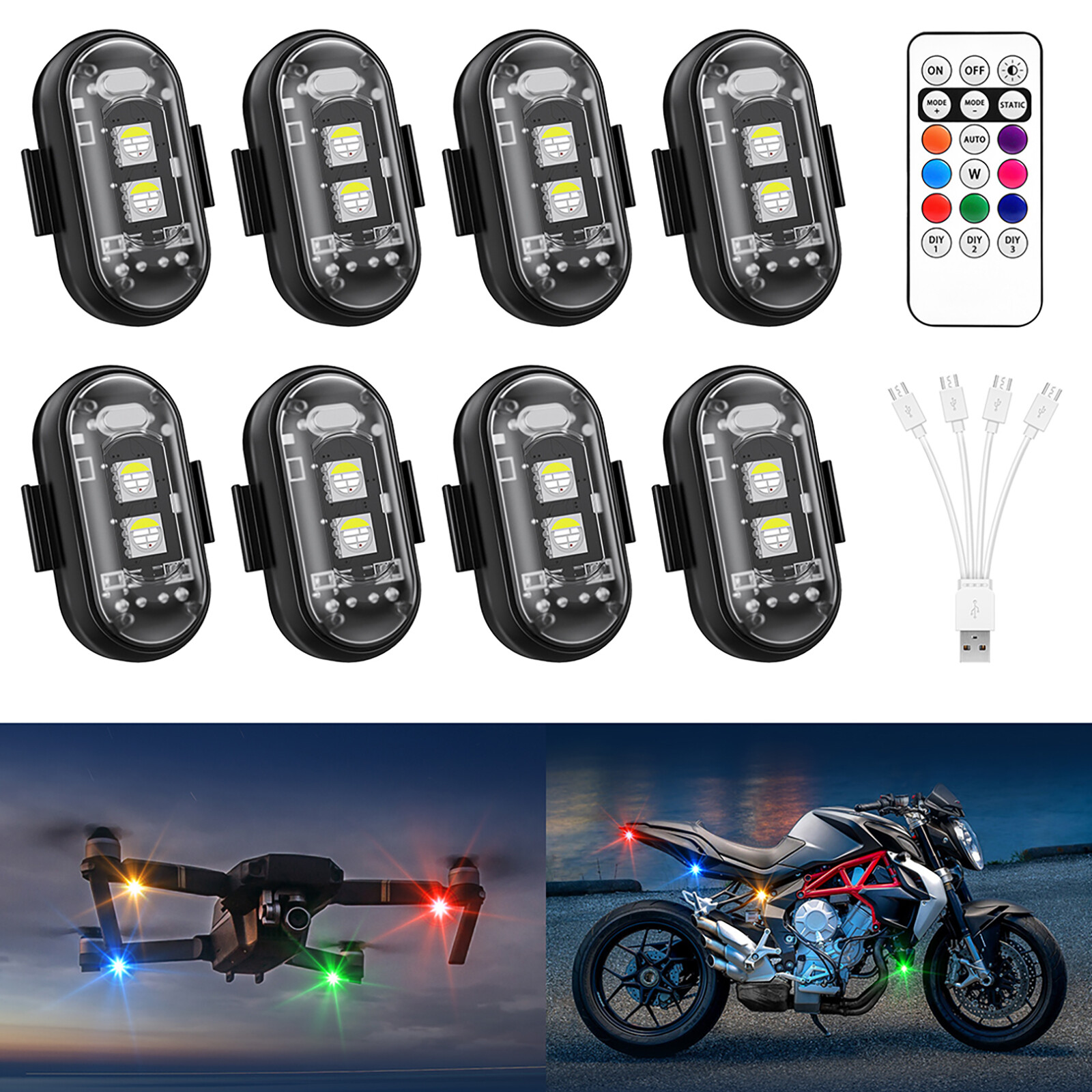 Wireless Led Strobe Lights w/Remote, 8 Colors USB Charging for Bikes Motorcycles