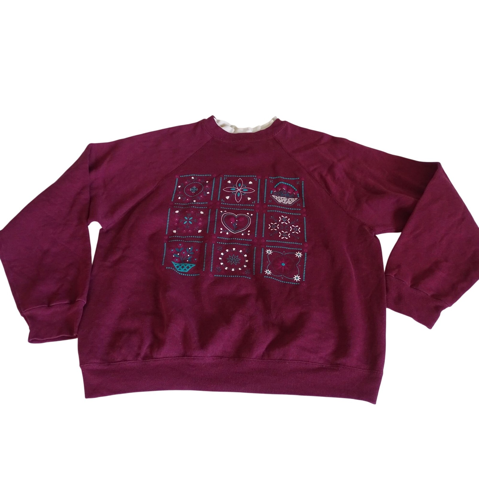 Vintage Brindar Design Red Crewneck Sweatshirt Patchwork Grandma Women Size L 