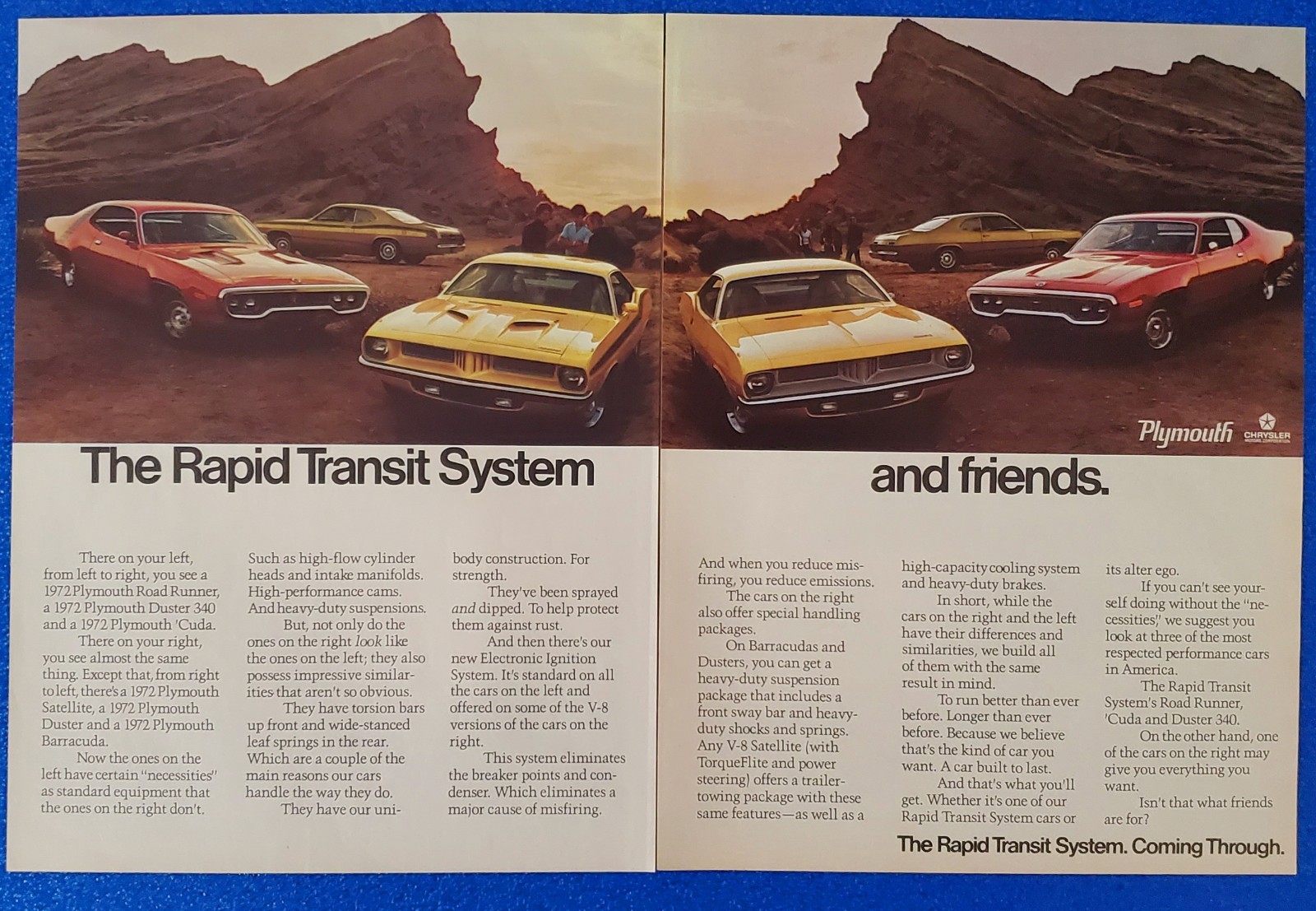 1972 PLYMOUTH MUSCLE CAR LINEUP ROAD RUNNER DUSTER CUDA ORIGINAL 2 PAGE PRINT AD