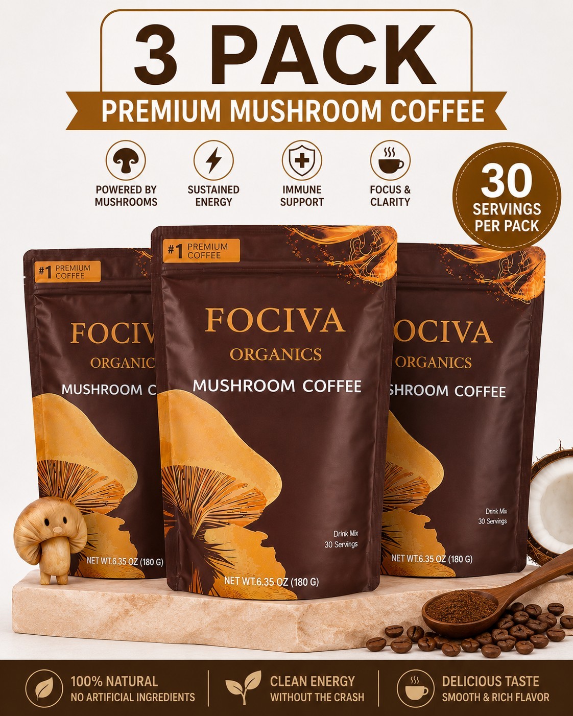 3 PACK FOCIVA Organics Mushroom Coffee – Coffee with 6 Adaptogenic Mushrooms 