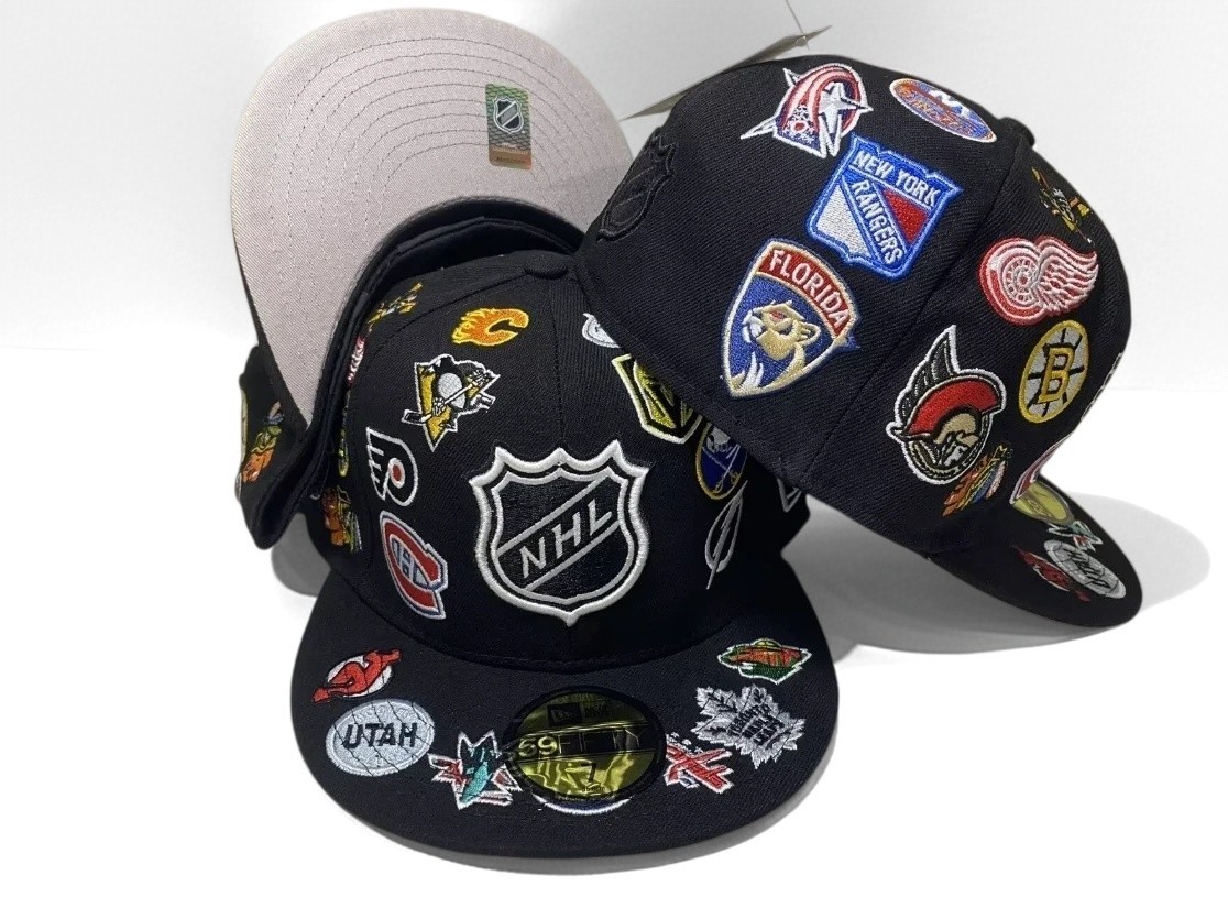 New Men's NHL All Over Team Logos Hat 59fifty Fitted Hat Black Hockey Cap New Men's NHL All Over Team Logos Hat 59fifty Fitted Hat Black Hockey Cap