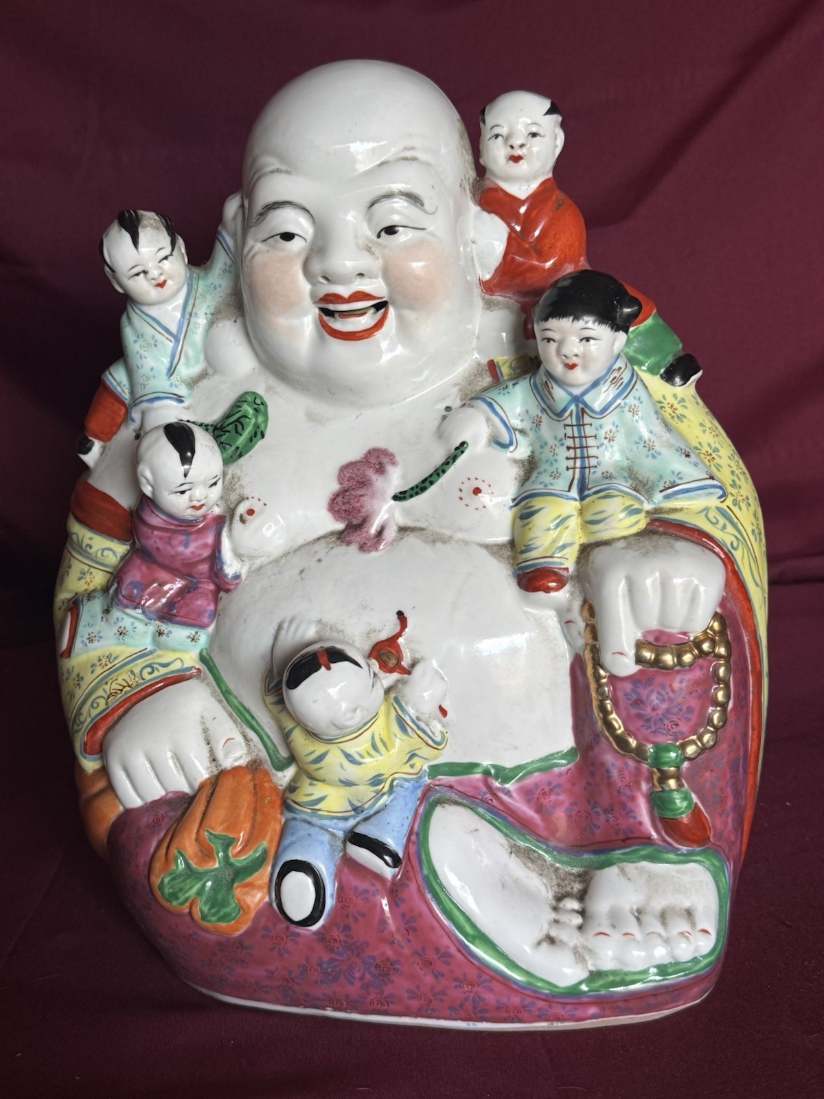 Vintage Chinese Smiling Fertility Buddha w/ 5 Children Porcelain Statue 10” High