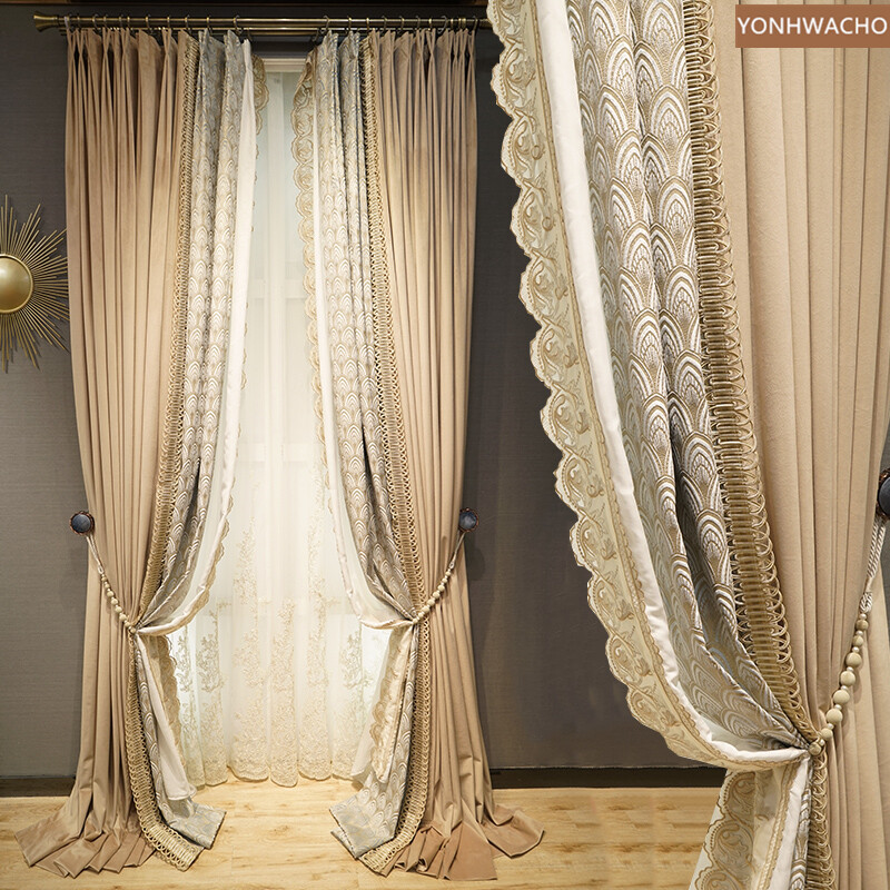high grade American beige yellow thick Velvet cloth blackout curtain tulle C611