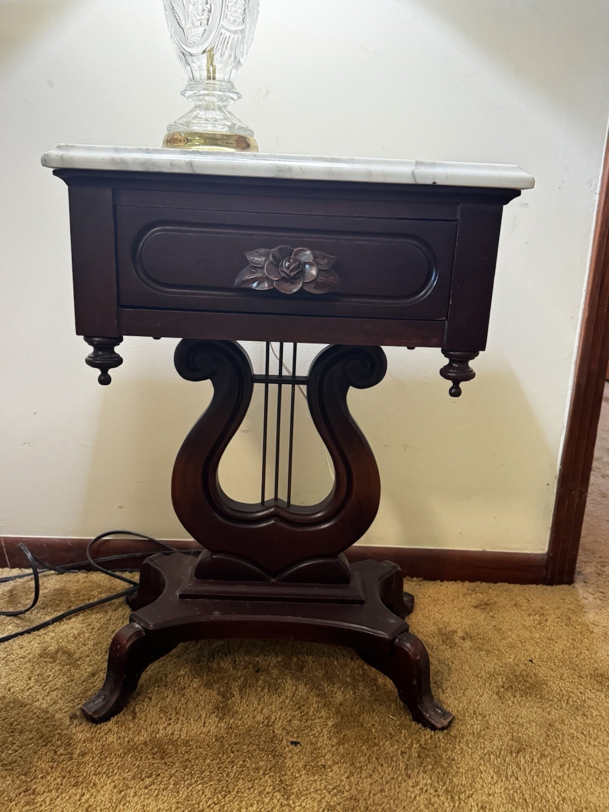 2  Victorian Mahogany Lyre Base Side Tables Marble Top Drawer Antique Finish.  