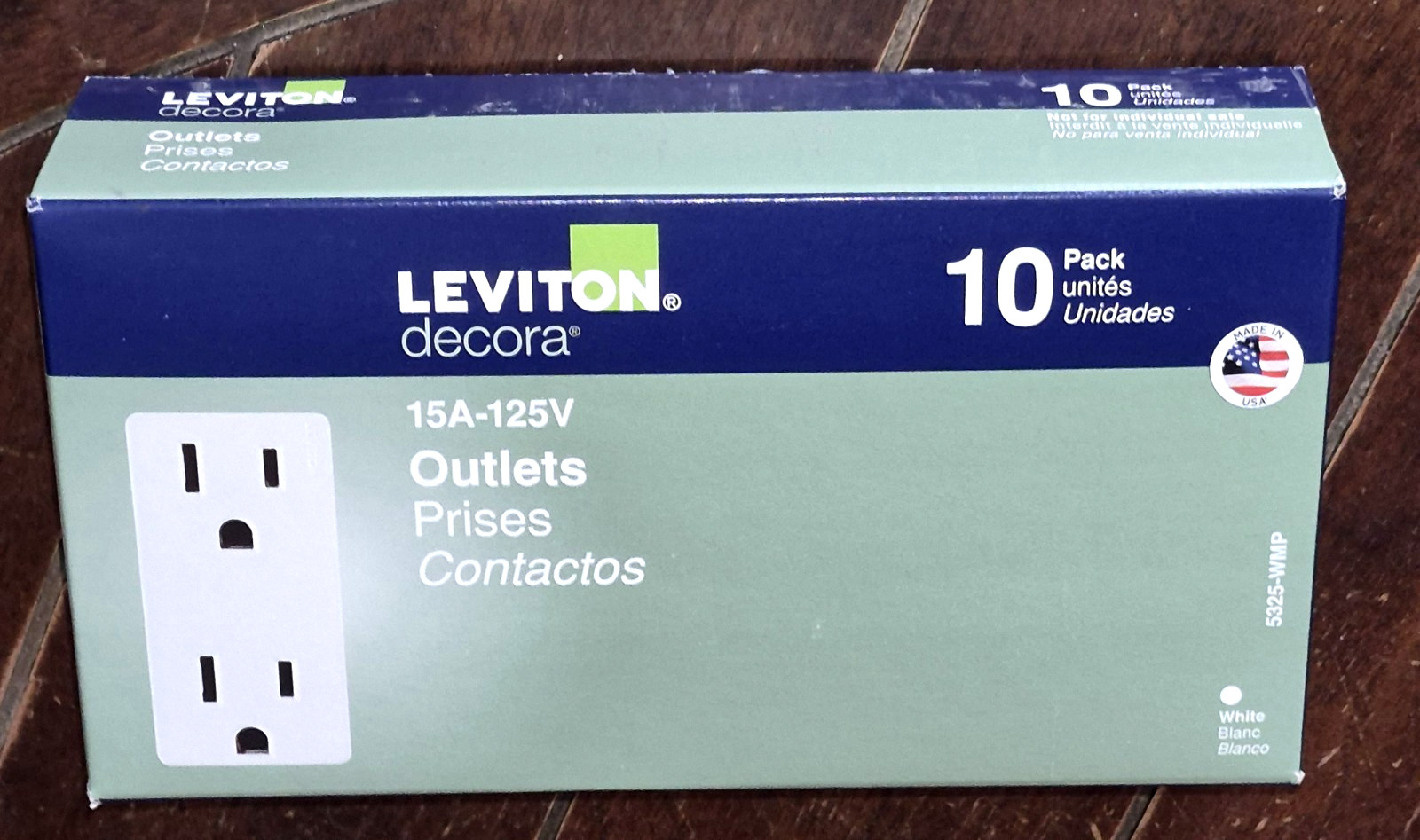 10pk Leviton Decora 15 amp Outlets -White- (15A-125V) #5325-WMP