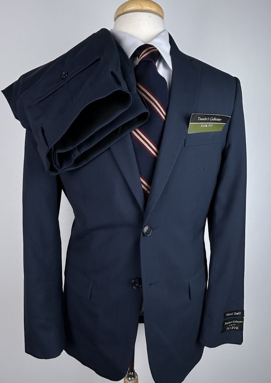 NWT Jos A Bank Traveler\'s Suit Mens 38R 32W Blue Stripe Slim Fit Wool DEFECT