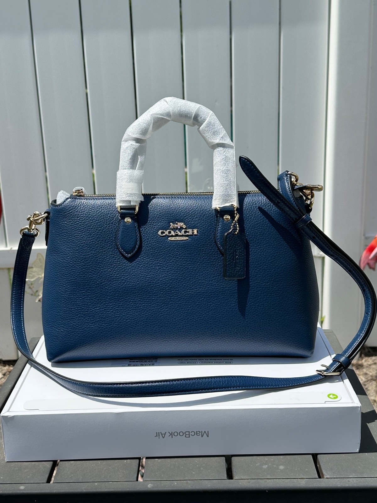Coach Georgia Leather Shoulder/Crossbody Satchel Gold/Deep Blue NWT & STUNNING