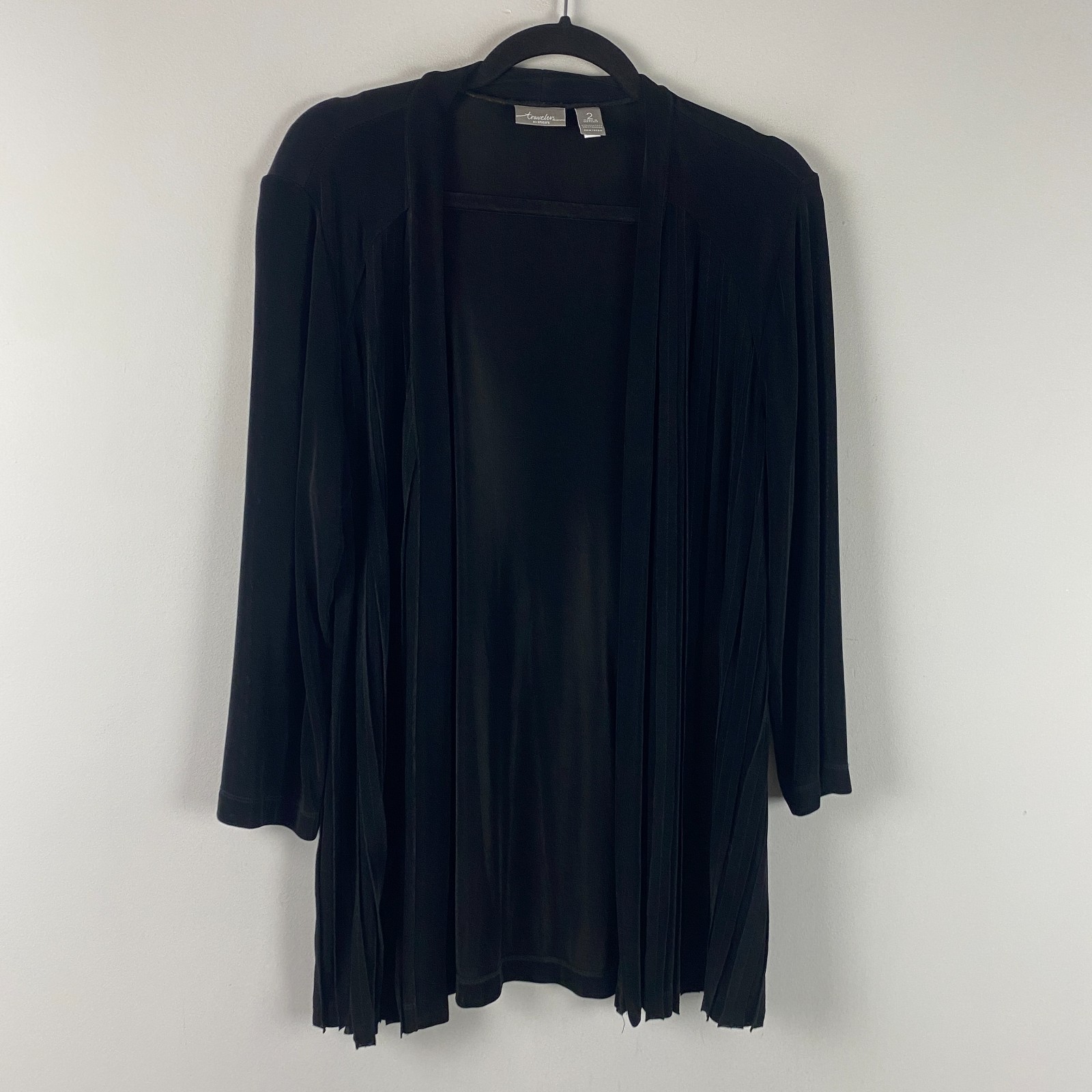 Chicos Travelers Open Front Cardigan Jacket Size 2 US Large Black Slinky Knit