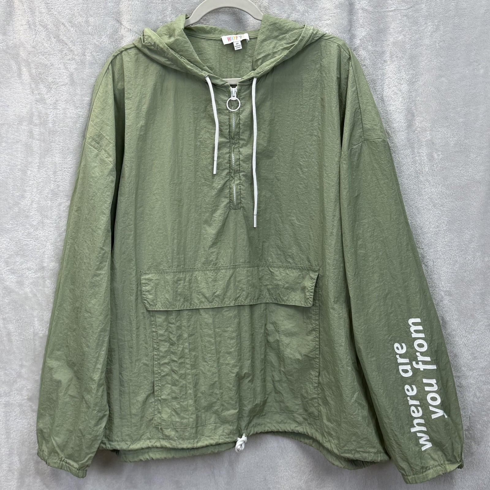 WAYF \'98 Jacket Womens 3X Green Hooded Anorak 1/4 Zip Lightweight Quote Sleeve