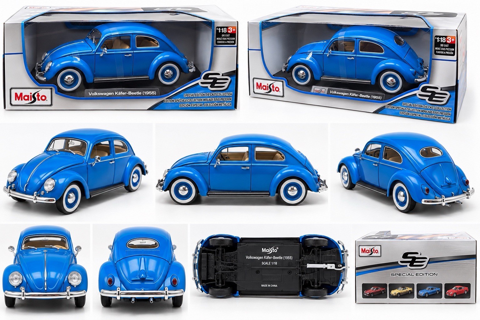 Maisto Volkswagen Kafer Beetle 1955 1:18 Diecast Car Blue Special Ed Boxed